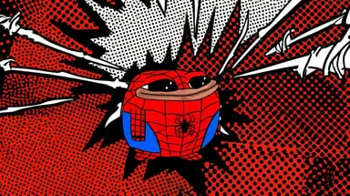 Smol Pep in a red superhero costume against a comic book background