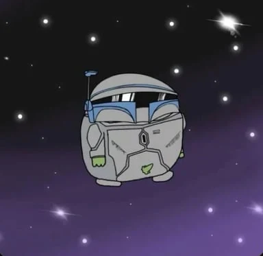 Smol Pep wearing a space helmet floating among stars