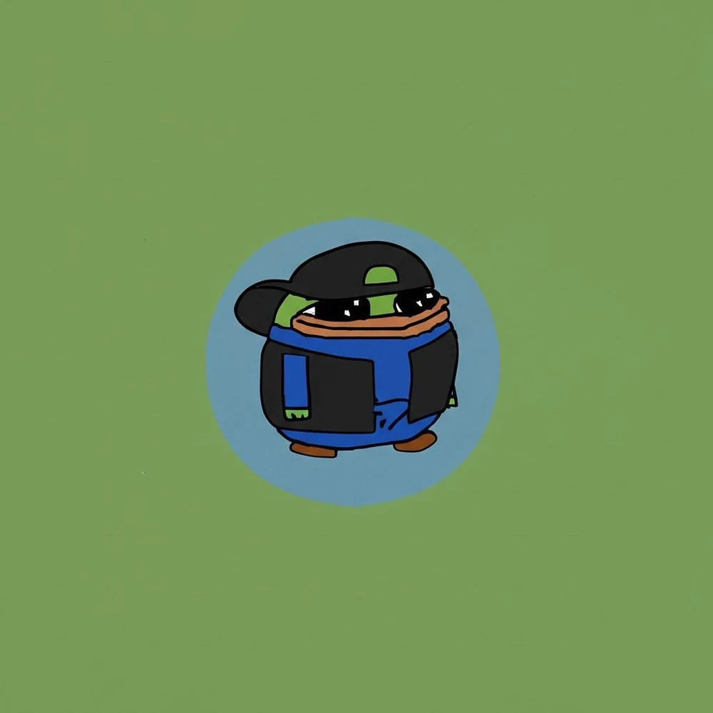 Smol Pep in a dark hoodie against a green background