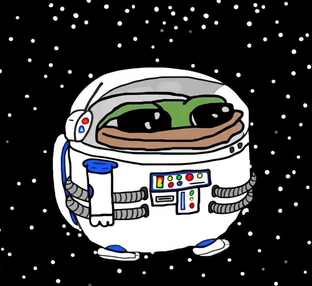 Smol Pep floating in space in a white astronaut suit