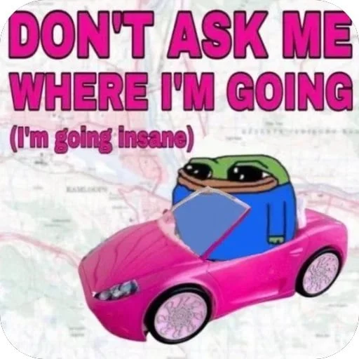 Smol Pep driving a pink convertible under a funny going insane caption
