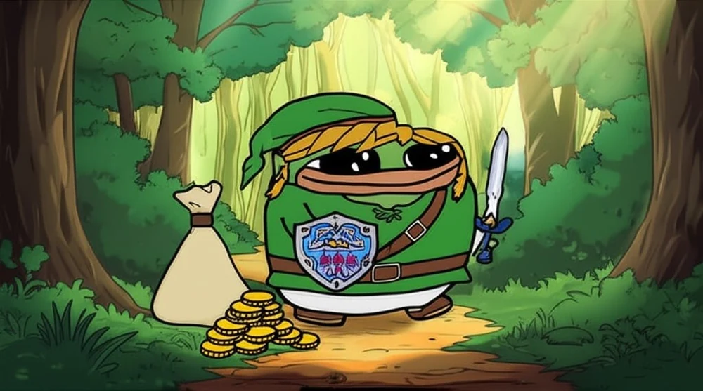 Smol Pep on a fantasy forest adventure with a shield