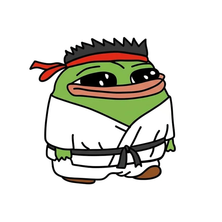 Smol Pep wearing a white karate uniform, black belt, and red headband