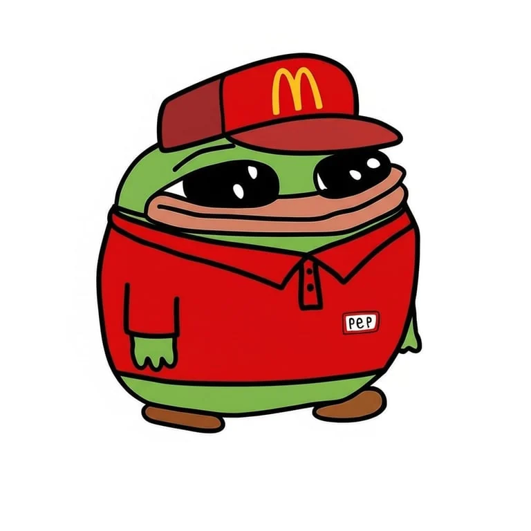 Smol Pep dressed as a burger restaurant worker in a red cap and uniform