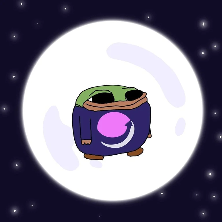 Smol Pep in a purple sweater floating in front of a bright moon and stars