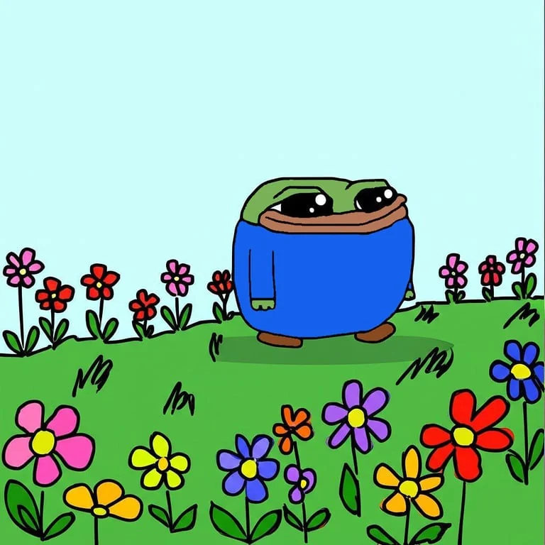Smol Pep in his blue sweater standing in a sunny meadow full of flowers