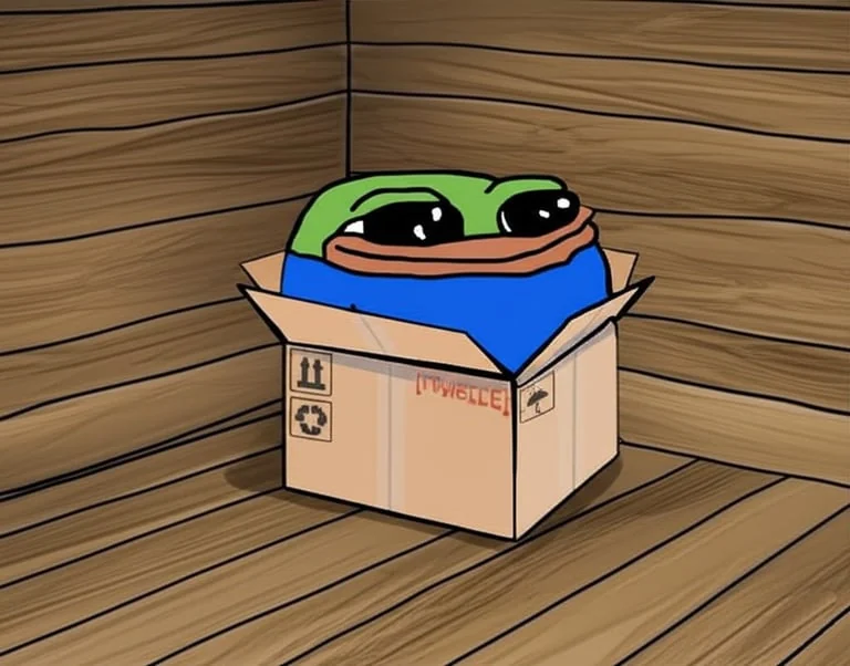 Smol Pep peeking out of a cardboard box in the corner of a wooden room