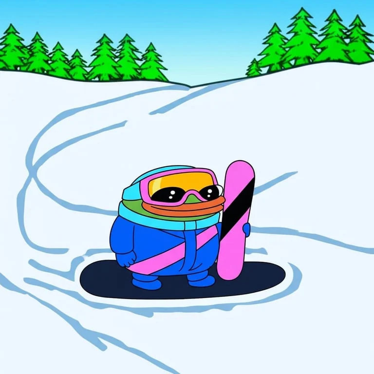 Smol Pep wearing ski goggles and a winter outfit beside a pink snowboard in the snow