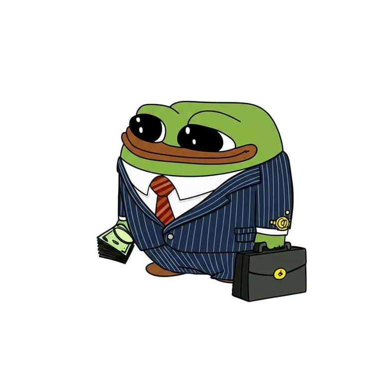 Smol Pep in a pinstripe business suit holding a briefcase and a folded banknote