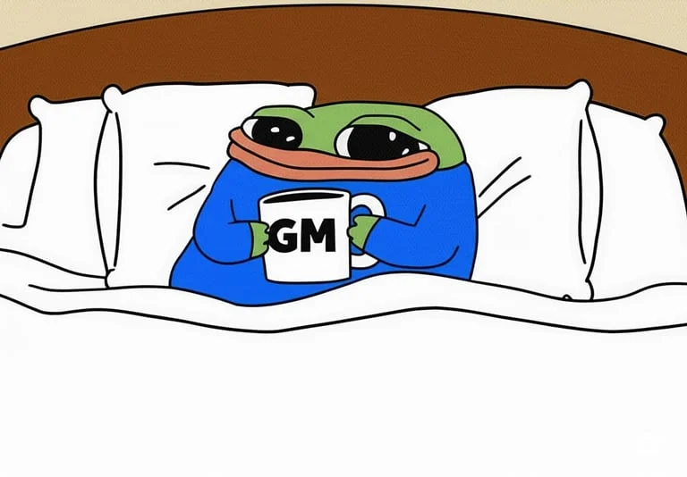 Smol Pep tucked into bed holding a white mug marked GM