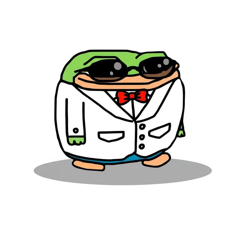 Smol Pep wearing a white tuxedo, red bow tie, and dark sunglasses