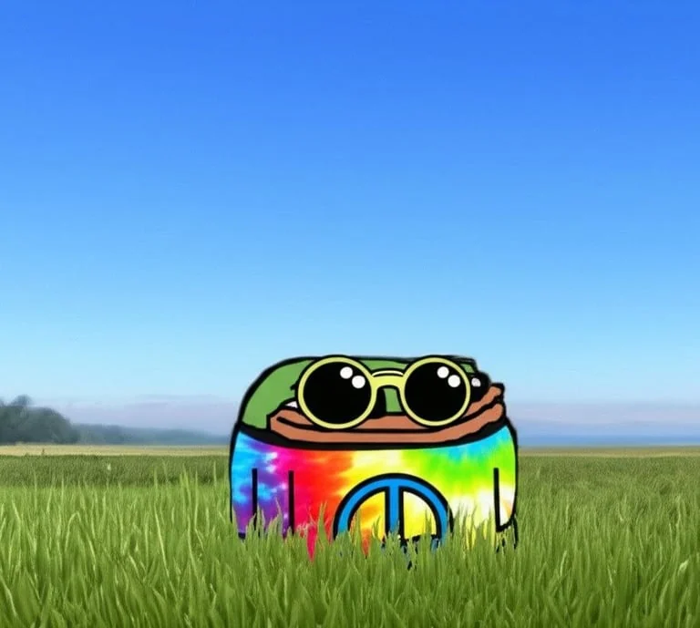 Smol Pep wearing sunglasses and a rainbow peace-sign sweater in a sunny grass field