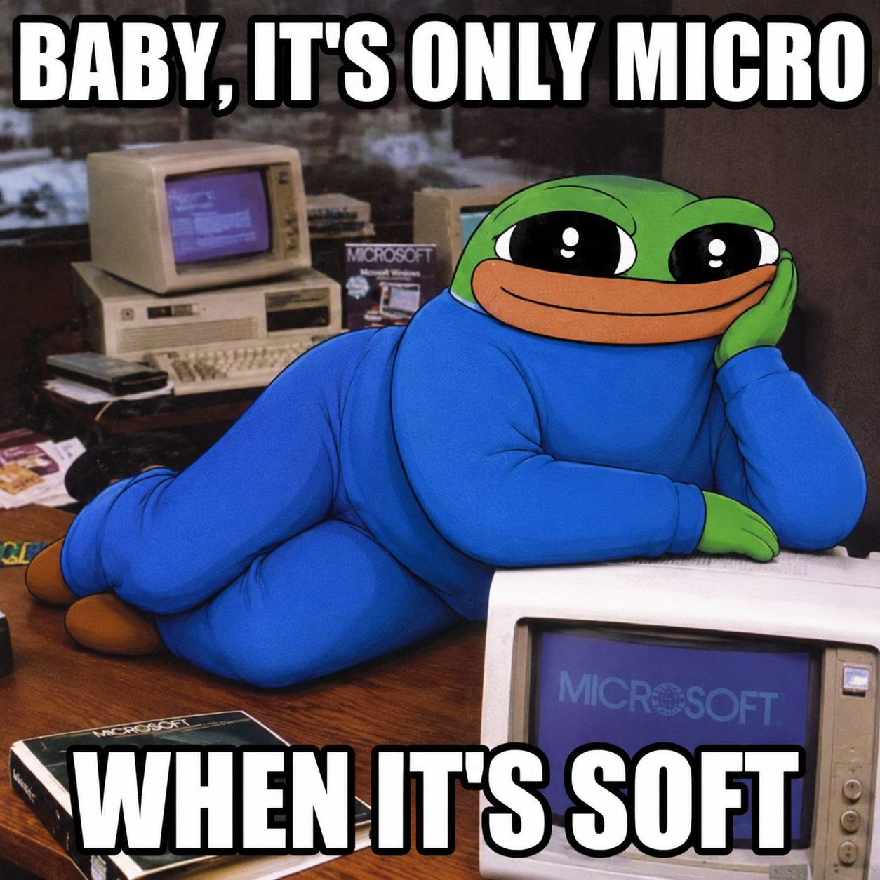 Smol Pep lounging beside vintage Microsoft computers in a micro and soft meme
