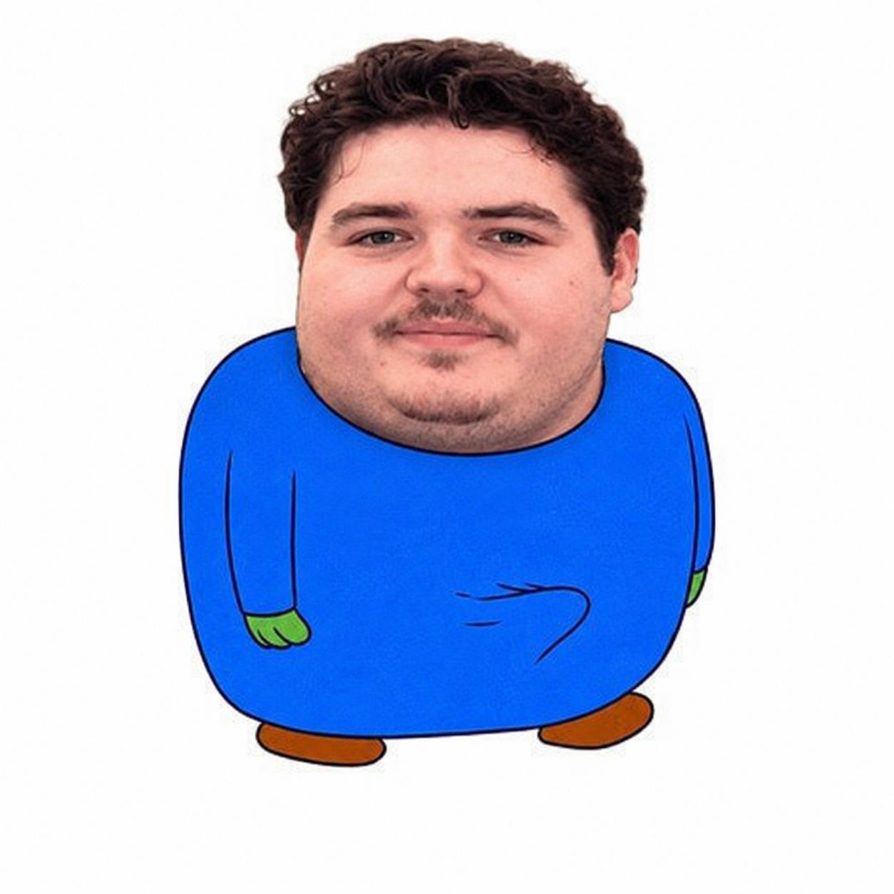 A meme of a man with the round blue Smol Pep sweater body and tiny frog hands